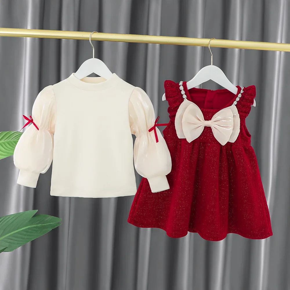 Girls  Velvet Temperament Princess Skirt Children Vest Dress + Shirt 2 Piece Set Fashion Spring and Autumn Clothes Trend 7-8Y