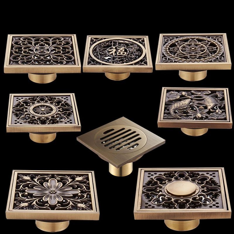 Square Shower Drain Floor Drain 4 Inch Center Drains with Removable Pattern Cover Bathroom Antique Brass Odor Proof