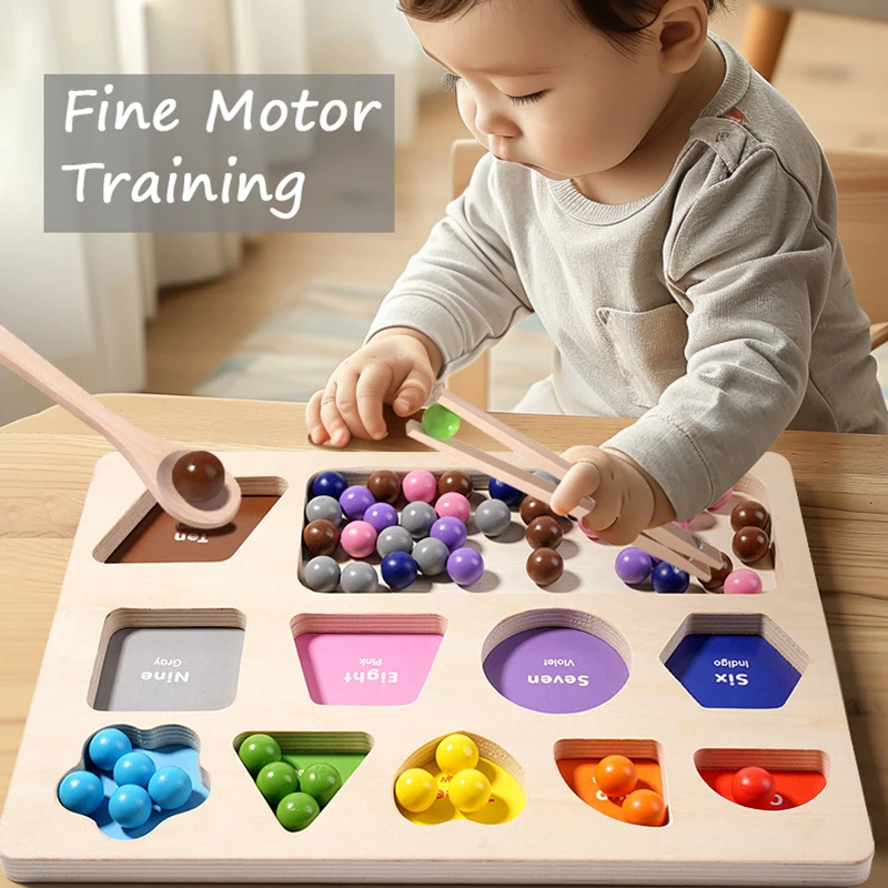 Baby Montessori Rainbow Wooden Toys Color Sorting Bead Clipping Game Educational Learning Math Toys For Kids Fine Motor Training