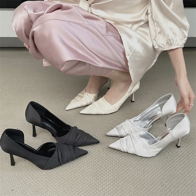 

Design Style Pleated Shallow Pointed Toe Women Pumps Fashion Thin High Heels Party Dress Mule Female Shoes