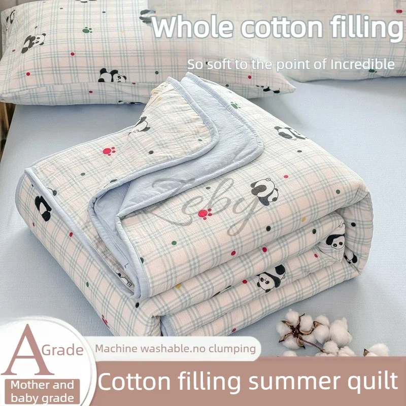 100% Full Cotton Filling Summer Quilt Fresh Panda Pattern Quilted Blanket Soft Thin Breathable Comforter Cool Refreshing Duvet