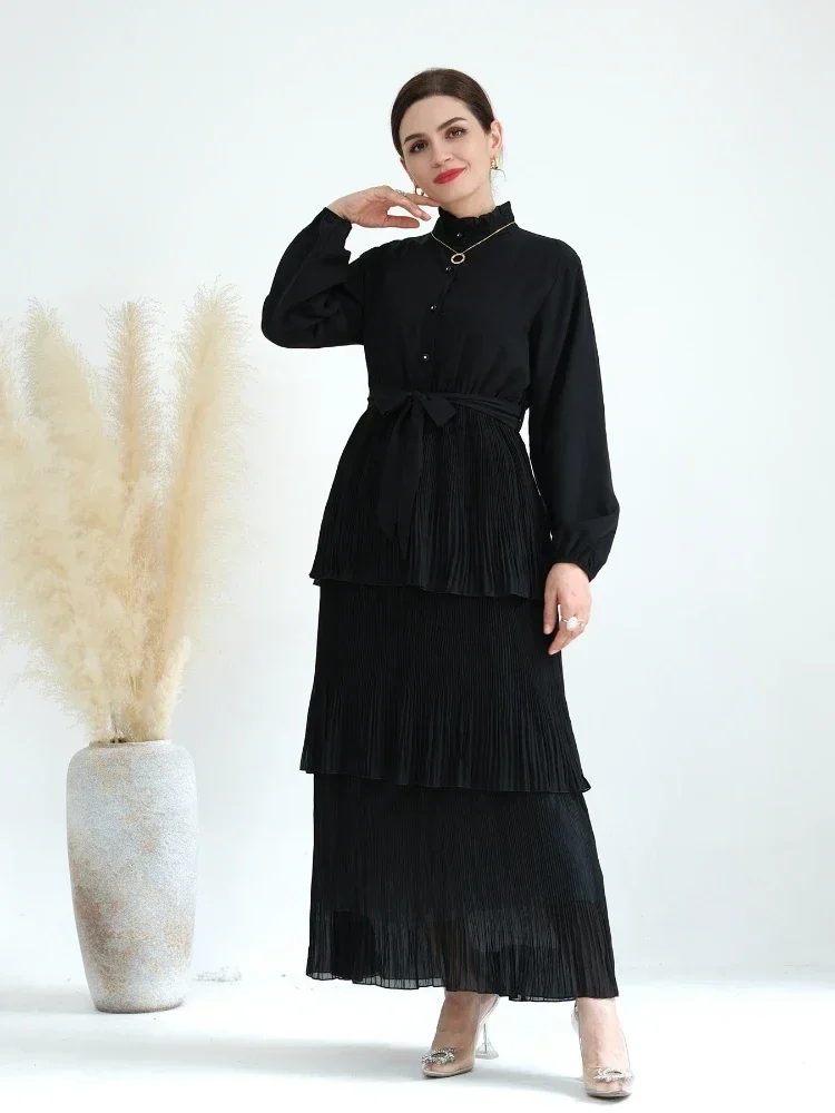 Eid Muslim 3 Layers Cake Dress Women Pleated Abaya Turtleneck Jalabiya Lace-up Morocco Party Dresses Kaftan Vestidos Long Robe