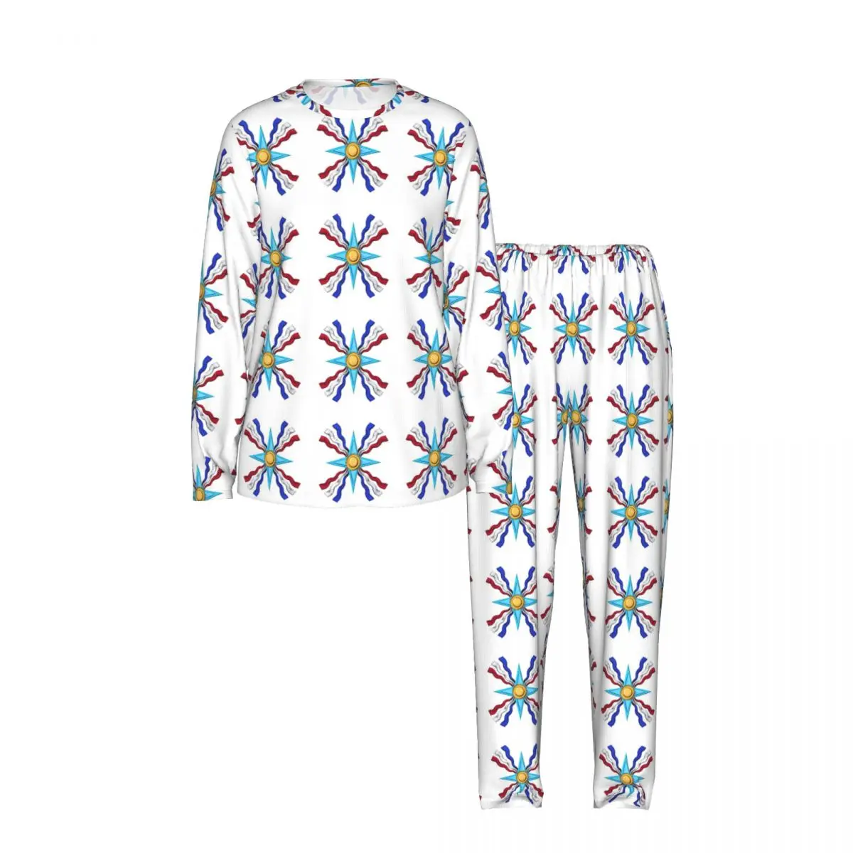 Luxury Assyrian Suryoyo Flag Round Neck Long Sleeve Nightgowns for Sleeping Sleepshirts Women Soft Pajama Set Long Pants
