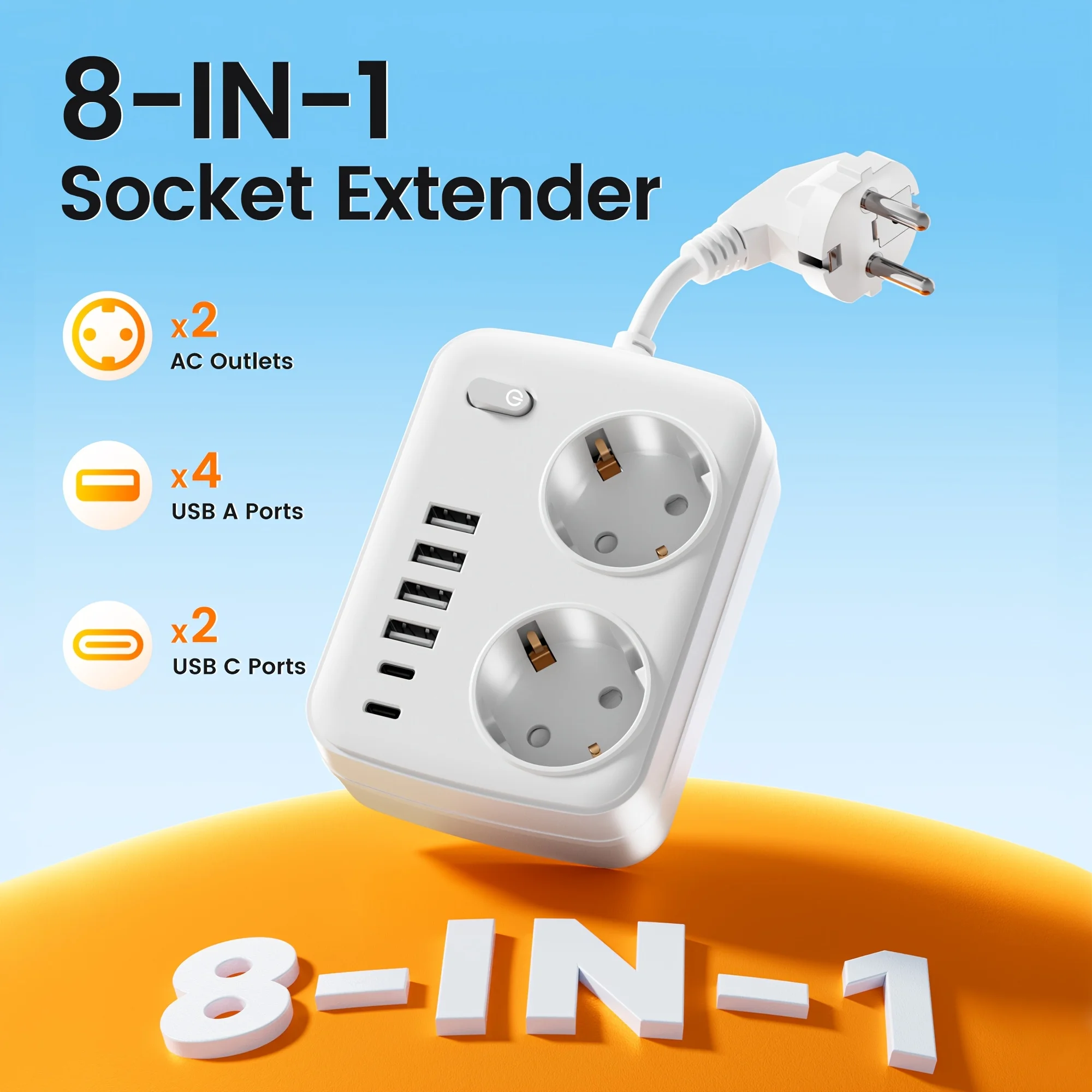 EU Travel Power Strip - 2 AC Outlets, 4 USB-A & 2 Type-C Ports, Surge Protection with Switch, Compact for Home Office Trip