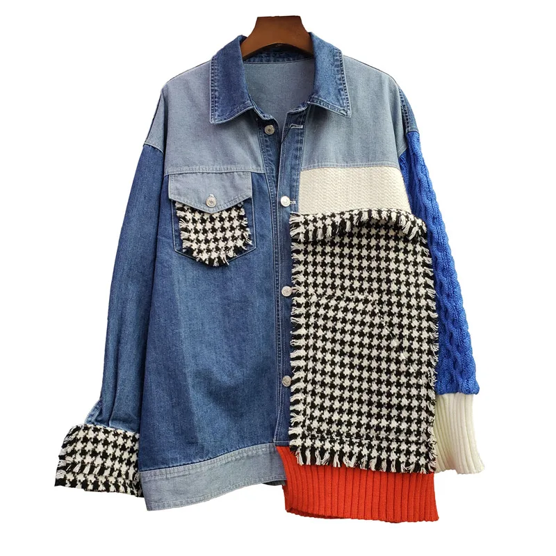 

SuperAen Plaid Tassel Stitching Knitted Long Sleeves Contrast Color Denim Jackets Women Spring and Autumn 2023 New Casual Coat