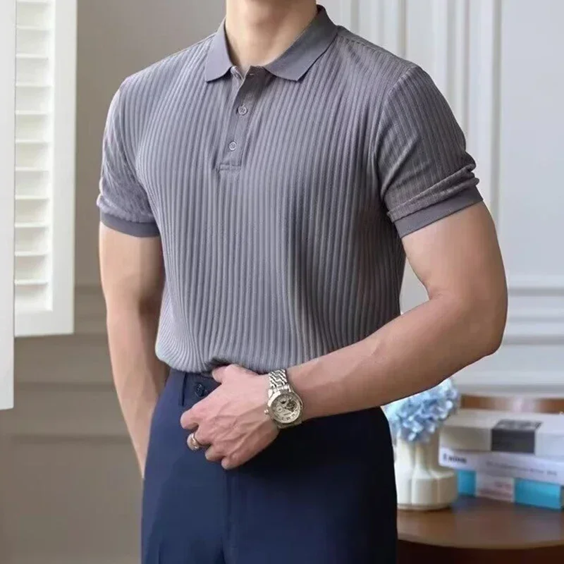 

2025 New Summer Polo Men Solid Stripe Temperament Elasticity Short Sleeve Polo Shirts for Men Fashion Stand Collar Mens Shirts