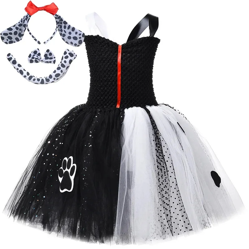 

Черно-белые костюмы ведьмы Круэллы для девочек, платья для собак далматинцев для детей, карнавальные балетные пачки на Хэллоуин, детская одежда