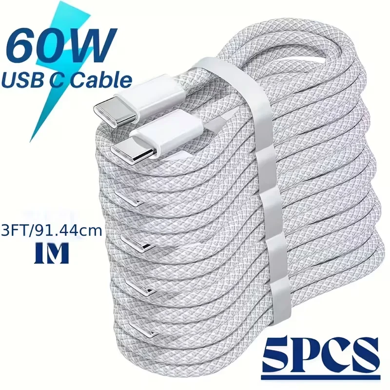 5PCS 3FT/1M 60W USB-C to USB-C Data Cable, High-quality Nylon Braided Fast Charging C-shaped Charger Cable, Compatible with iPhone 18/17/16/15 Pro Max, iPad, MacBook, Samsung Galaxy