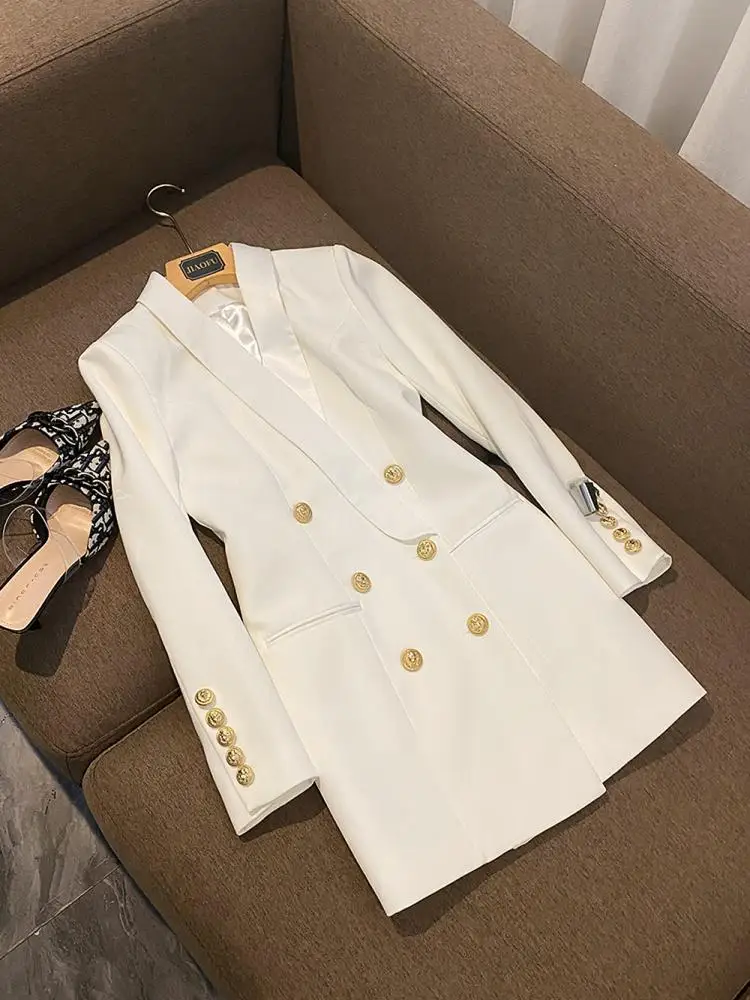 بدلة Ele من الساتان دكتور مع أزرار صف مزدوج وأكمام طويلة عالية الخصر على شكل حرف a ميدي دكتور للعمال والتنقل