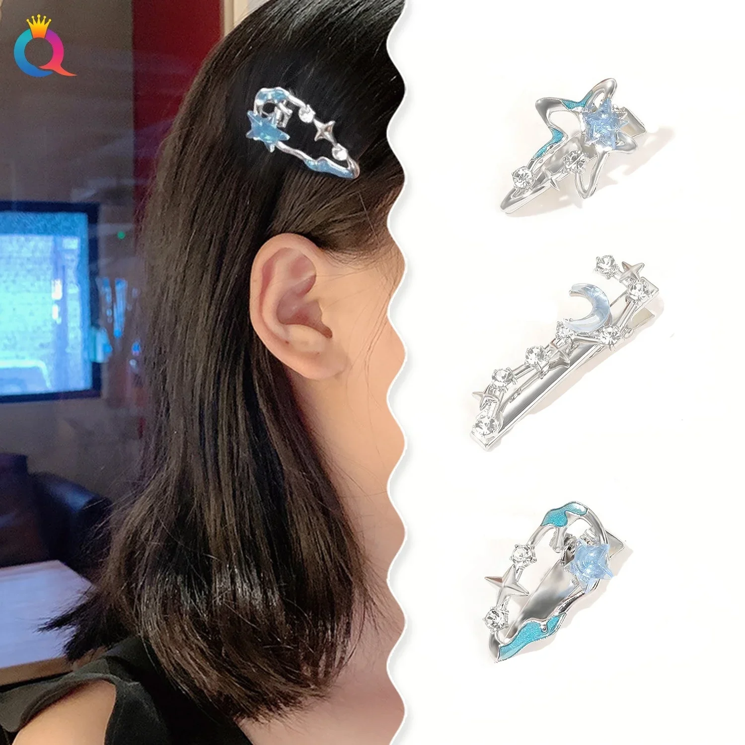 Creative Star Moon Hair Clip Blue Starry Sky Design Sweet Silver Metal Gripper Jewelry Hair Accessory for Women Girls