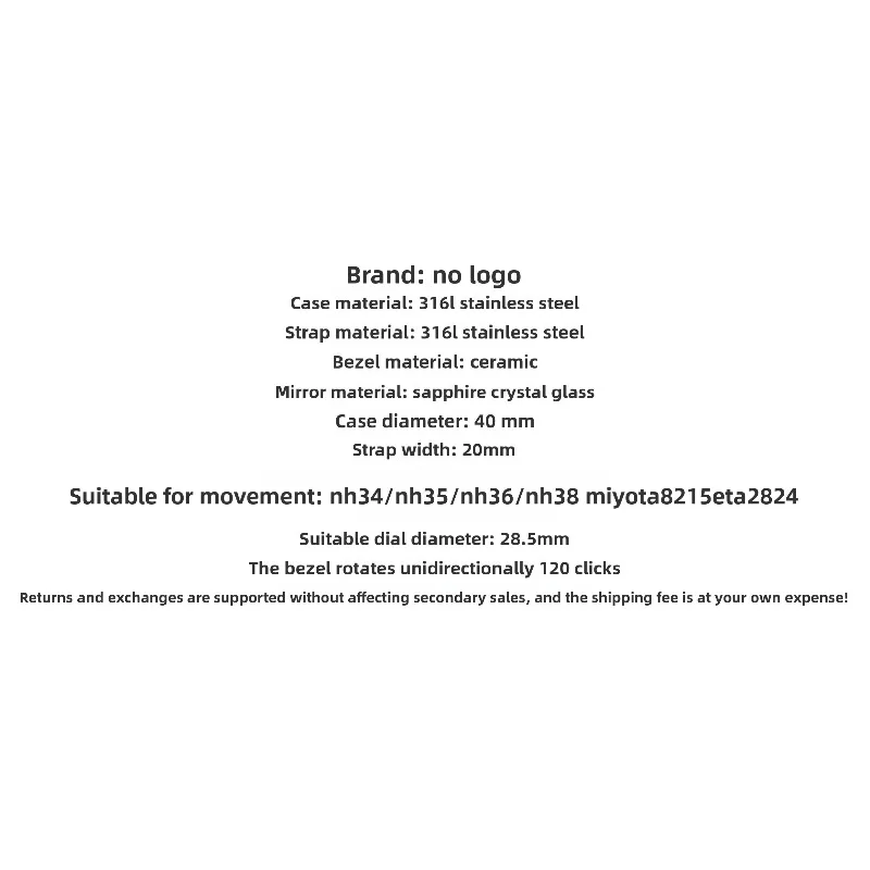 Modelo modificado para caixa de relógio masculino NH35 100m à prova d'água aço inoxidável 316L para mostrador de 28,5 mm