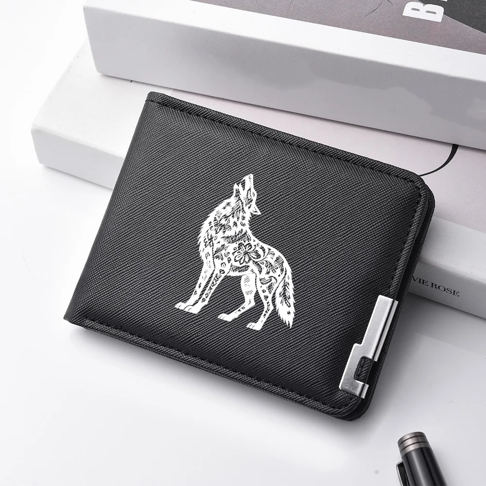 Men's Fashionable Short-Style PU Leather Wallet with Decorative Wolf Howl Pattern Cash Storage Pocket Double-Fold Money Bag