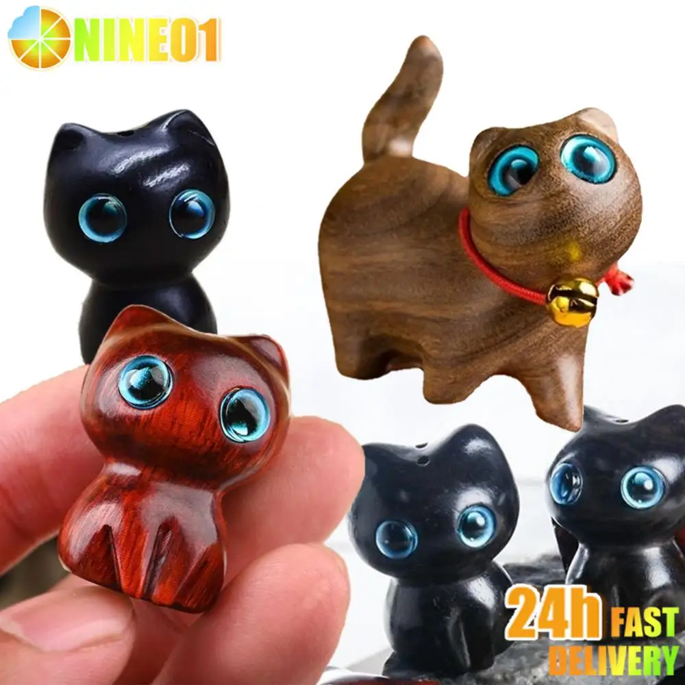 Hand Carved Wooden Cat Ornament Creative Xmas Tabletop Statues For Home Office Table Decorations Sturdy And Durable Sincere Gift