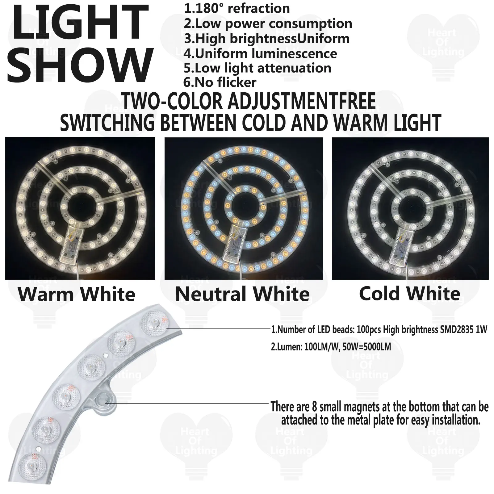 1pcs 100W 3color dimming round ceiling light replacement LED module AC180-265V high brightness SMD2835 energy-saving lamp, suita