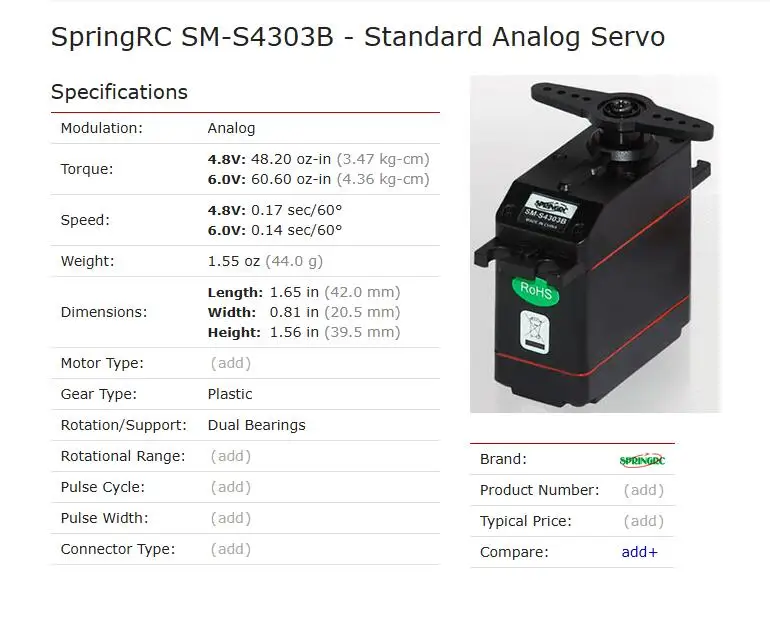 SM-S4303B springrc แรงบิดแบบเซอร์โวระบบอนาล็อก44G 60.60 oz-in 4.36 kg-cm 0.14 Sec/60 ° สำหรับเครื่องบิน RC Heli รถบรรทุกเรือ3003