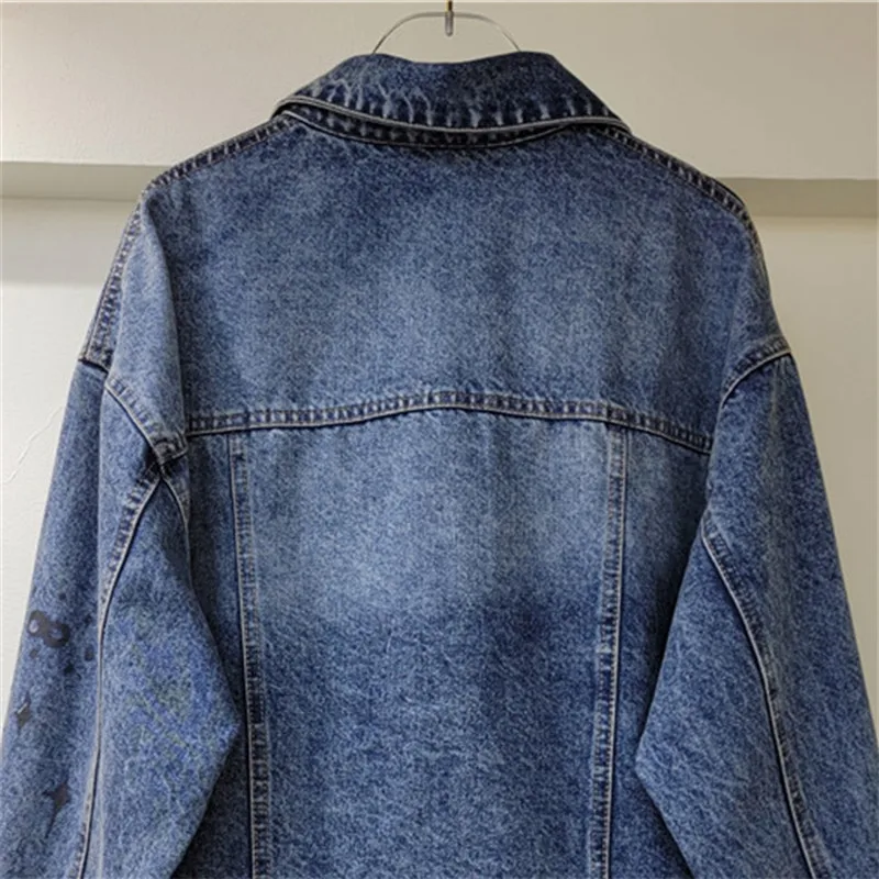 Frühling Hand Bemalt Graffiti Druck Denim Jacke Wolke Patch Patchwork Frauen Casual Revers Langarm Jeans Jacke Streetwear