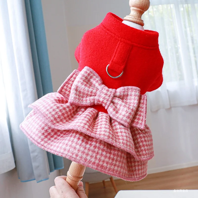 1PC Pet Clothes Cat Autumn Winter Thickened Warm Red Princess Dress Belt Traction Buckle Suitable for Small and Medium sized Dog