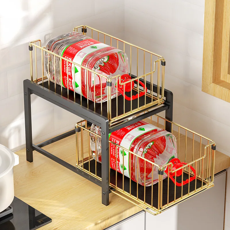 Suitable for Double lower sink rack, cabinet, drawer type retractable countertop, daily necessities, seasonings, storage rack, A