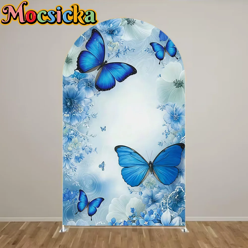 

Mocsicka Custom 2-Sided Blue Floral Butterfly Baby Girl Birthday Party Baby Shower Cover Chiara Arch Background Decor Backdrop