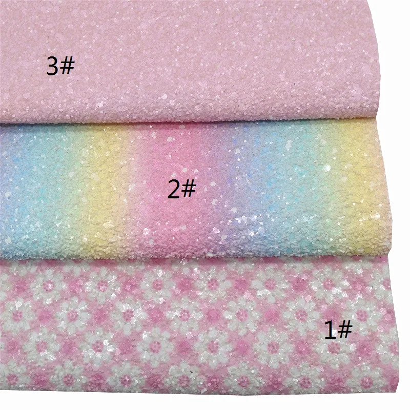 Pastel Rainbow Glitter Leather Sheets Daisy Flowers Printed Glitter Fabric Felt Backing Faux Leather For Bows DIY 21X29CM W541