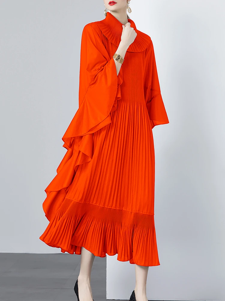 GVUW Pleated Elegant Dress Women Fashion Lapel Full Batwing Sleeve A Line Ruffles New 2024 Evening Party Long Dresses 17G5783