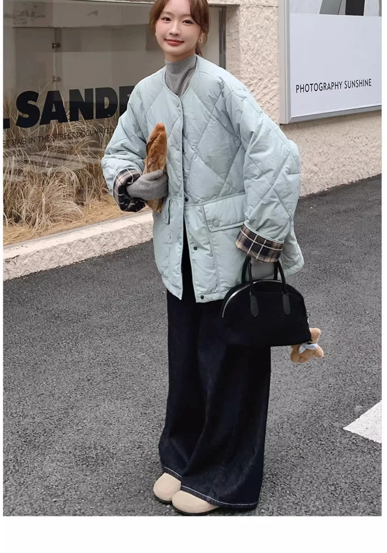Retro Plaid Patchwork Lightweight Puffer Jacket Autumn Winter Loose Casual Quilted Jacket Female Round Neck Commute Padded Coats