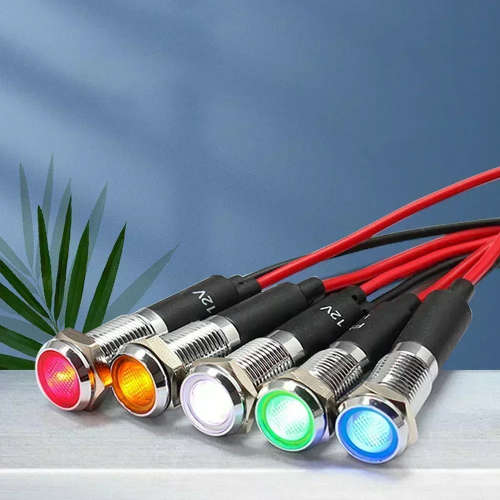 8mm 3v 6v 12v 24v 110v 220v Metal LED Pilot Panel Dashs Signal Indicator Warnings Light 20cm Cable Chrome Finish Car Boat Marine