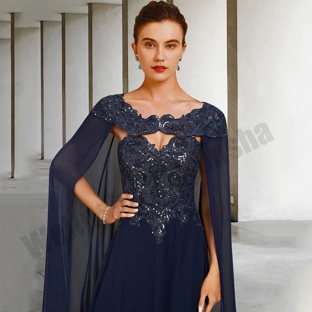 Vestido azul marino con capa de gasa para madre de la novia, apliques de lentejuelas brillantes, una línea, vestidos de invitados de boda, vestido de noche