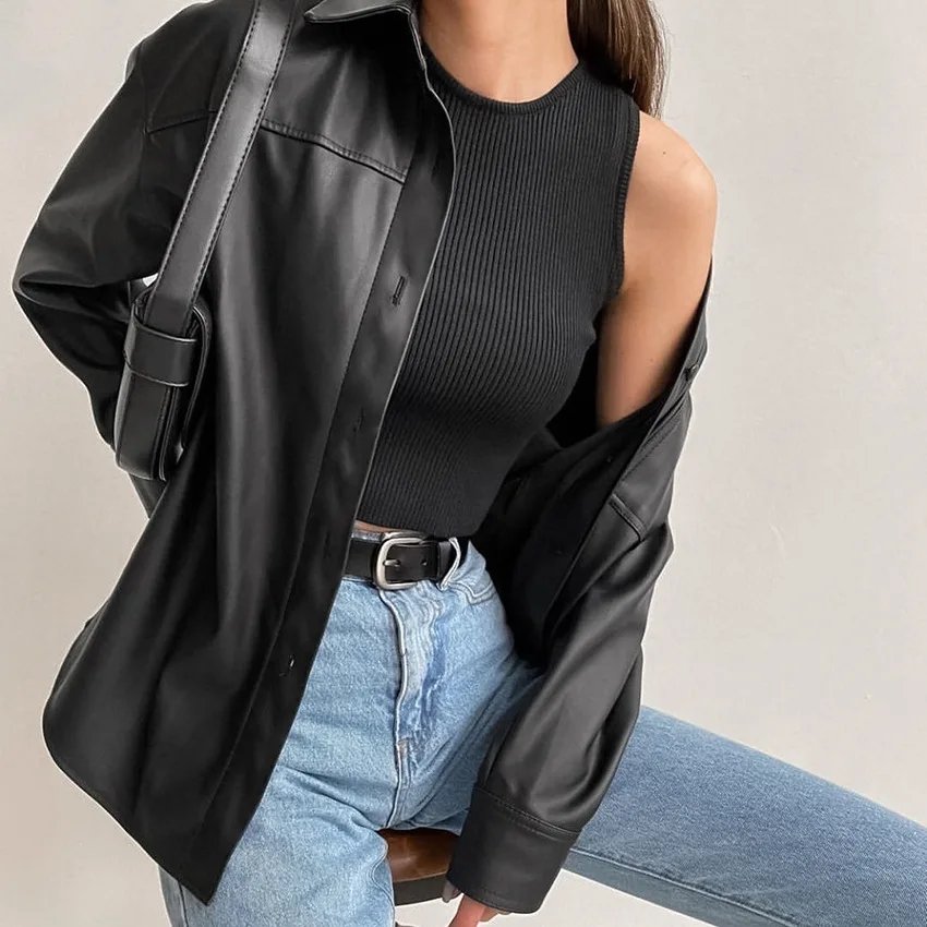 Black Leather Jacket Euro-America Style Casual Fashion Simple Autumn All-match Turn-down Collar Cool Coat