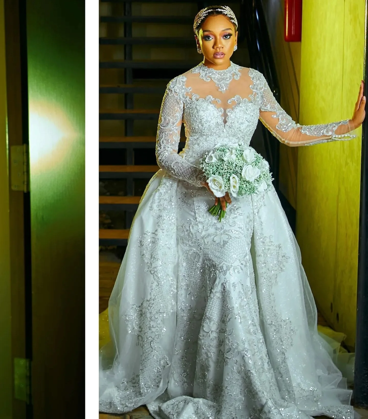 Detachable African Wedding Dresses Black Girls Mermaid Long Sleeves Lace Beaded Aso Ebi Bridal Gowns Vestido De Novia Customized