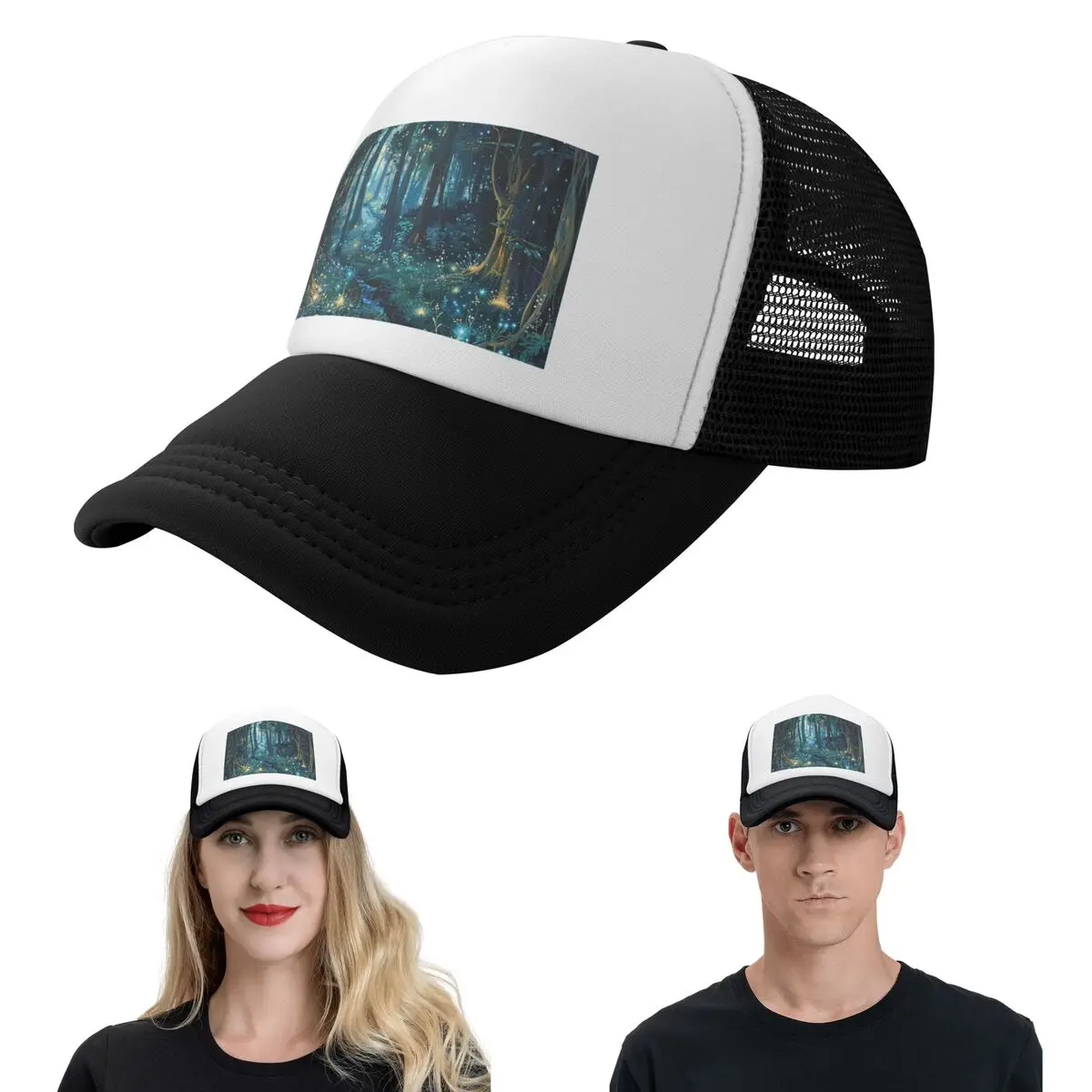Enchanted Forest Design With Glowing Blue LightsCap Fashion Mesh Baseball Caps Adjustable Hat Hip Hop SummerUnisex Baseball Hats