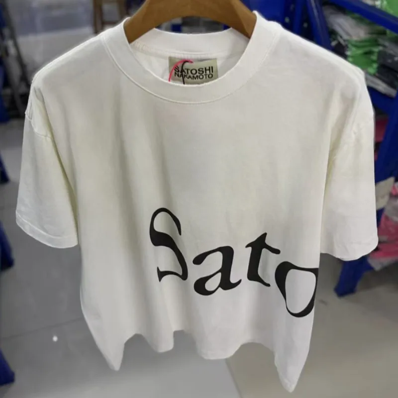 Wrap Around Logo SATOSHI Tshirt Summer Men Women Streetwear Washed Spray Dirty White Round Neck Short Sleeve Men Women Top Tees