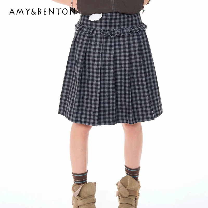 

Korean Gray Plaid Women's A-line Skirt Summer New Fungus Edge Splicing Sweet Cool Casual Loose Versatile Pleated Skirts Ladies