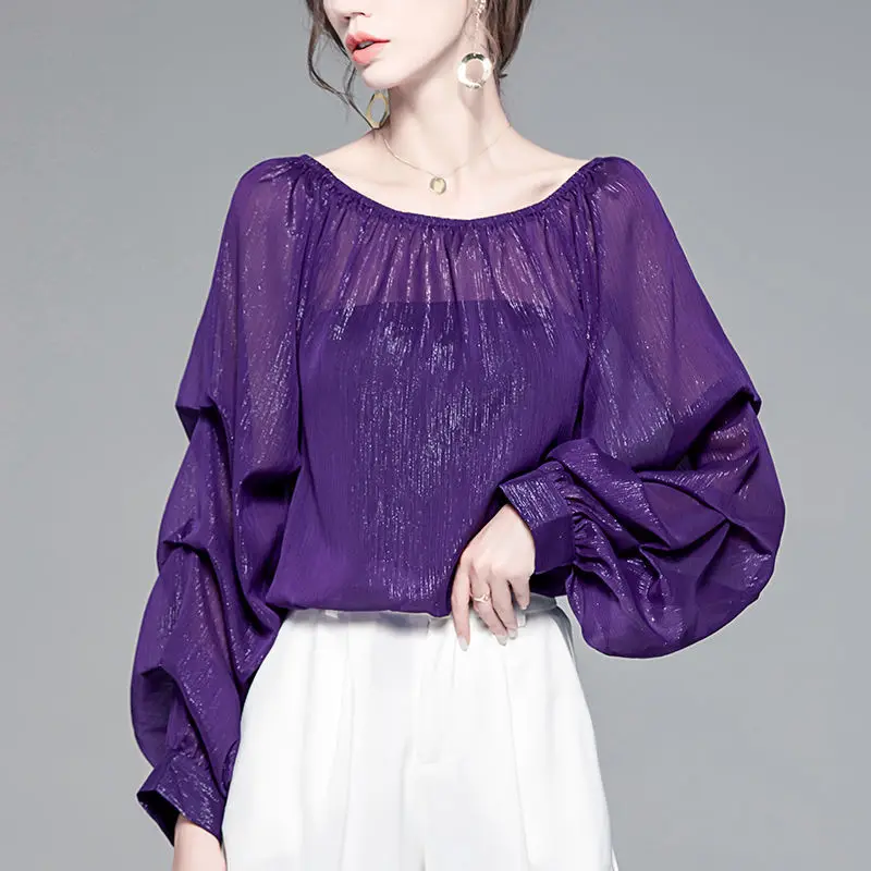 

Elegant Fashion Puff Sleeve Bright Silk Chiffon Blouse Women Clothing 2024 Spring New Sexy Slash Neck Loose Casual Shirt Female