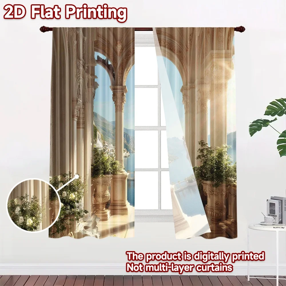 2D flat 2pcs Curtain Home Short Curtains Classical Seaside Archway View Durable polyester fiber Party Decorations Use for