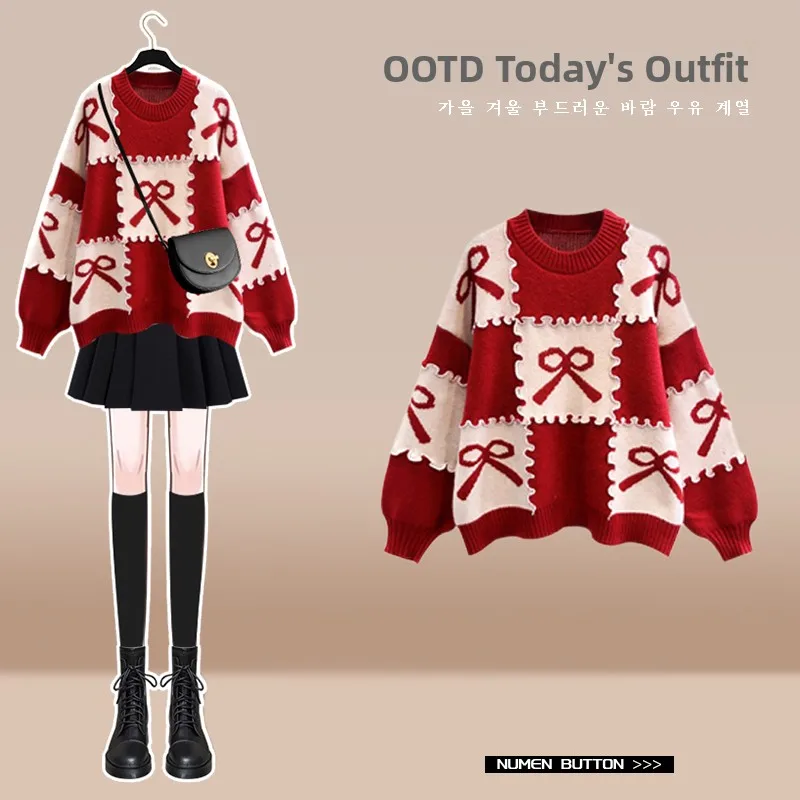 

Christmas New Year Knitted Sweater Skirt Set Women's Fashion Ensemble Red Clothes High Waist Short Skirt Long Sleeve round Neck