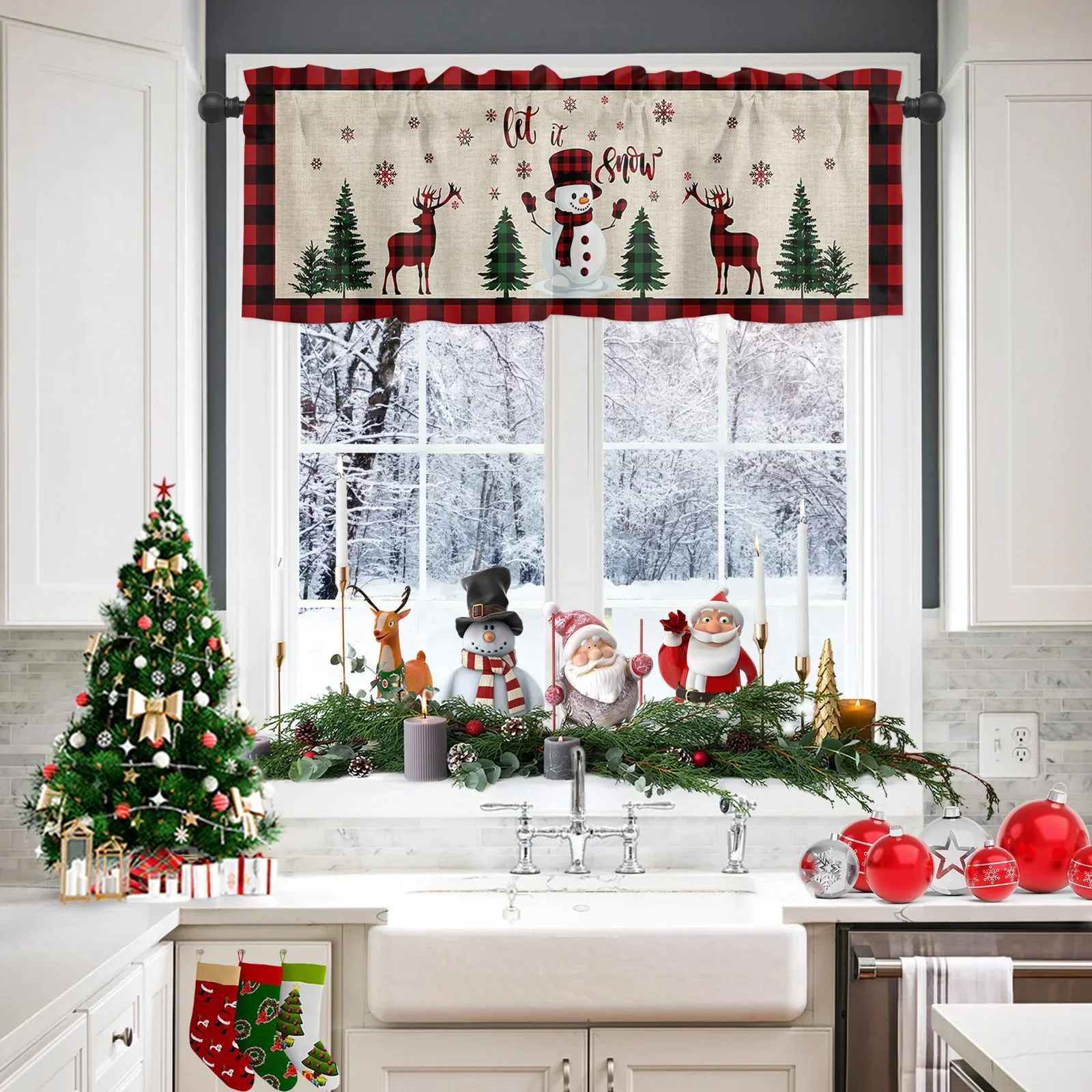 Snowflake Snowman Christmas Tree Plaid Short Curtains Kitchen Wine Cabinet Door Window Small Curtains Wardrobe Drapes Home Decor