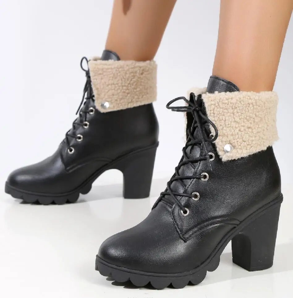 Retro Large 35-42 Chunky Heel Ankle Boots for Women 2024 Autumn/Winter British Style High Heels Shoes Flanged Fur Mujer Booties