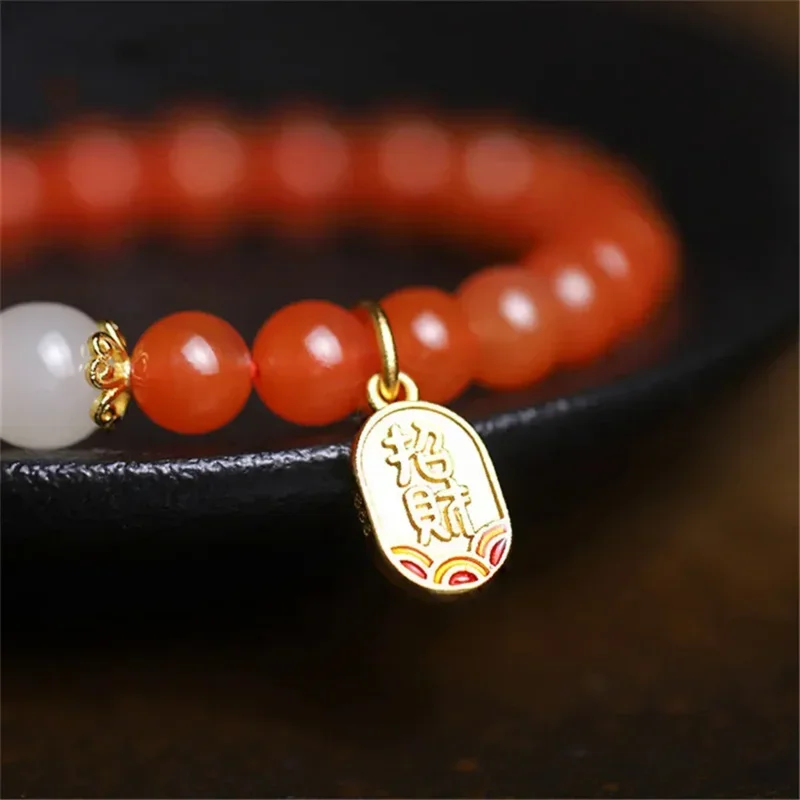 Natural 8mm Cherry Red South Red Agate Bracelet Hetian Jade Buddha Bead Lucky Pendant Women Romantic Charm Jewelry Wholesale