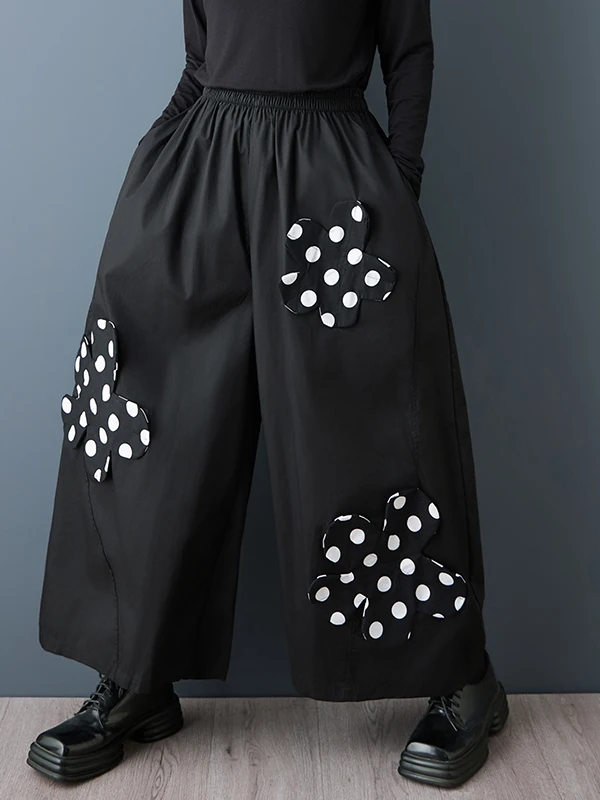 Loose Wide Leg Pants Black Floral Patchwork Design Casual High Waist Cotton Polka Dot Ladies Trousers Autumn New Style