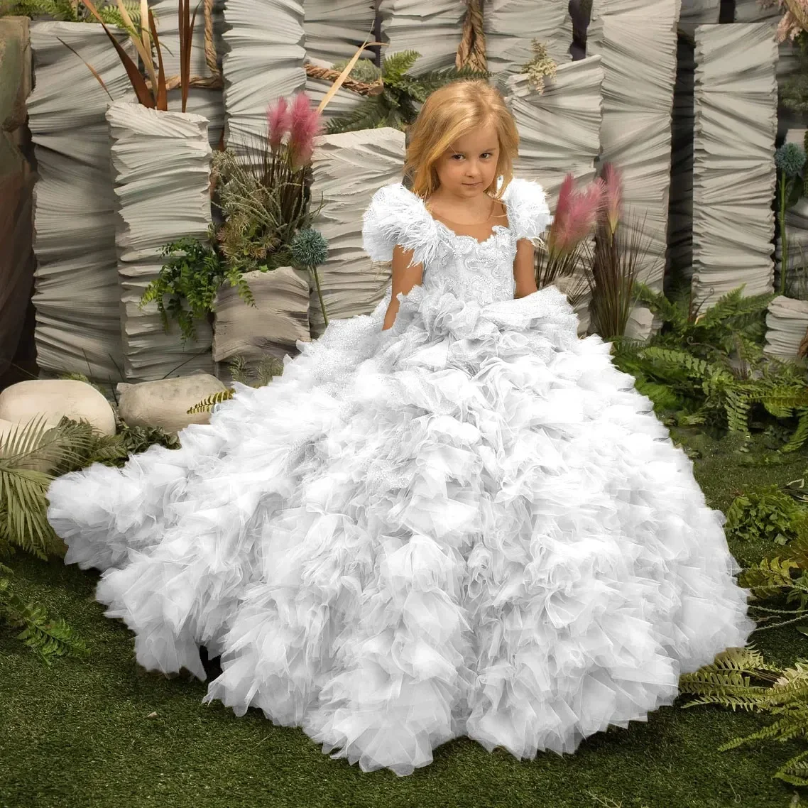 Puffy Flower Girl Dress for Wedding Tulle Appliques Tiered Floor Length Baby Kids Birthday Party First Communion Party Gown