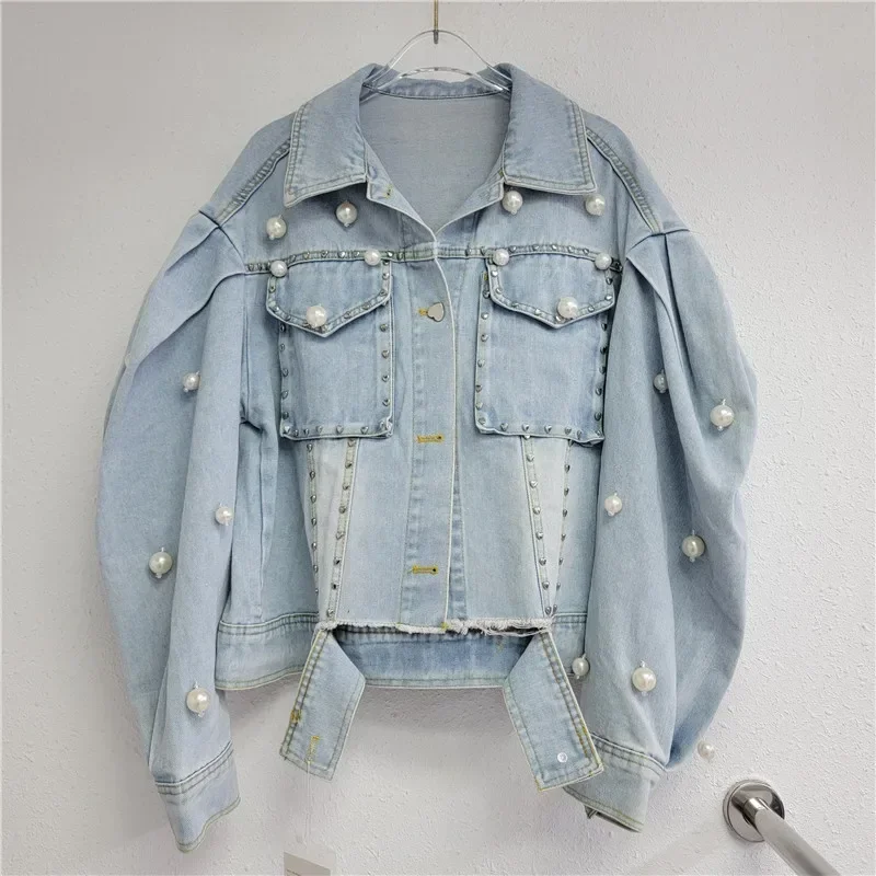 

Cardigan Jacket Fashion Women Pearl Denim Jacket Loose and Versatile Top