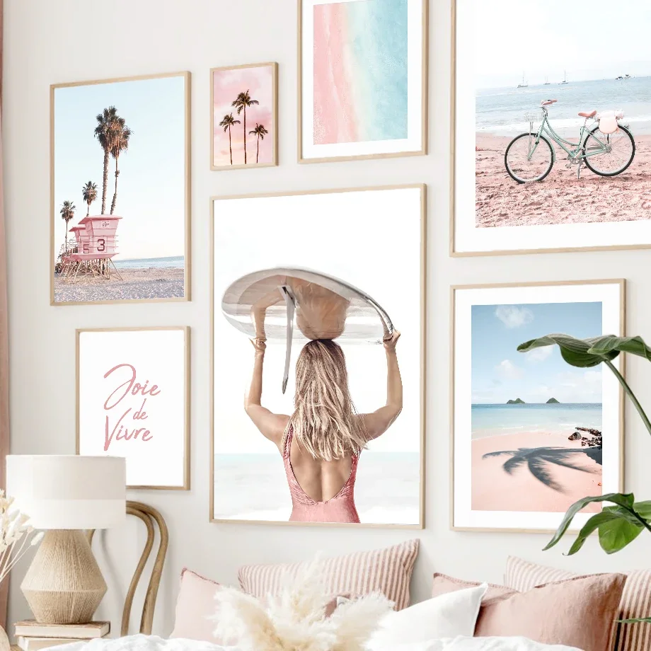 Wall Art Mural Canvas Painting Surfing Board Girl Pink Sea Coast Vintage Van Living Room Decoration Poster Prints Mural Pictures