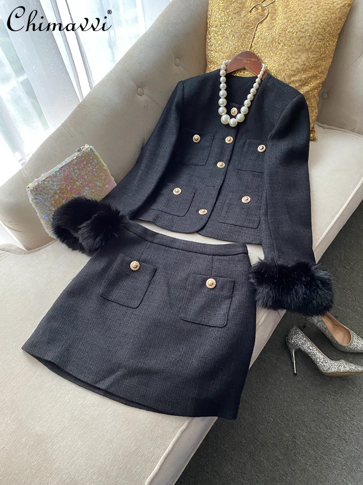 

Элегантное светское пушистое короткое пальто с длинными рукавами и юбкой, модные однобортные модные шерстяные куртки с круглым вырезом, женские осенние куртки