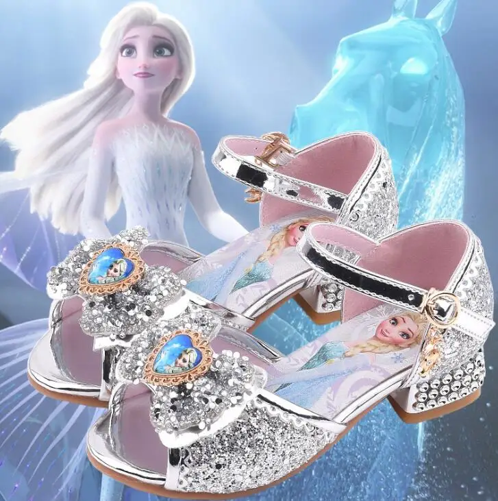 Disney Girls Sandals Frozen 2 Elsa Princess Shoes Little Girls Crystal Shoes Children High Heels Catwalk Show princess  Shoes