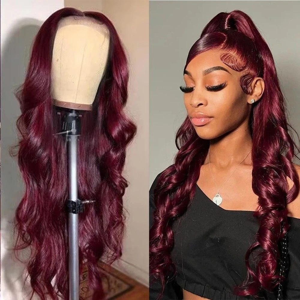 99j باروكات ملونة بورجوندي 220 كثافة الجسم موجة 13x6 HD الدانتيل الجبهة 100% الشعر البشري 40 بوصة الدانتيل الباروكات الأمامية للنساء PrePluck #1