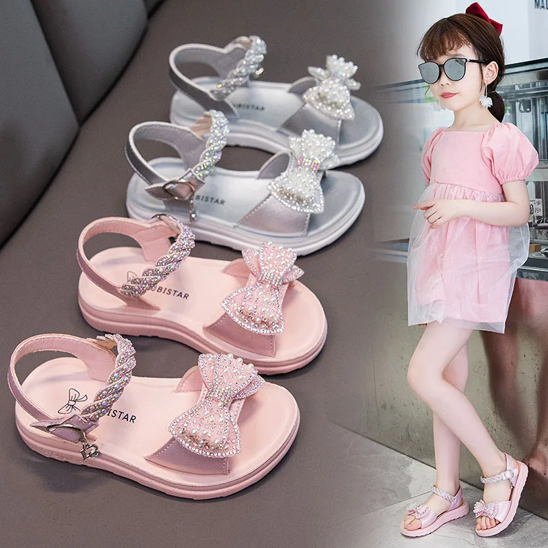 Summer Girls Princess Sandals 2024 New Children Pearl Sequins Rhinestones Bow Shoes Baby Girls Kids Peep Toe Party Dress Shoes