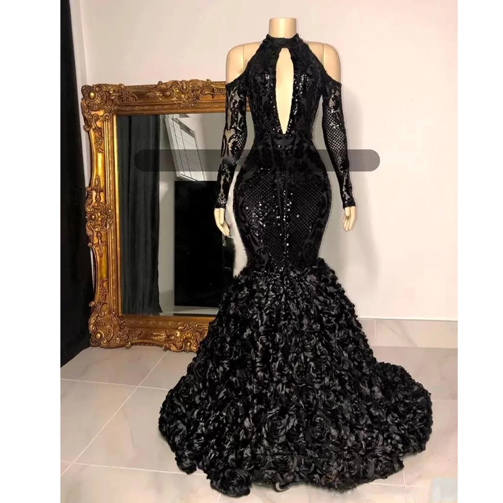 Black Sequined Lace Flower Prom Dress Sexy Front Deep V Shoulder Hollow Party Flower Evening Gown Formal Occasion Robe De Soiree