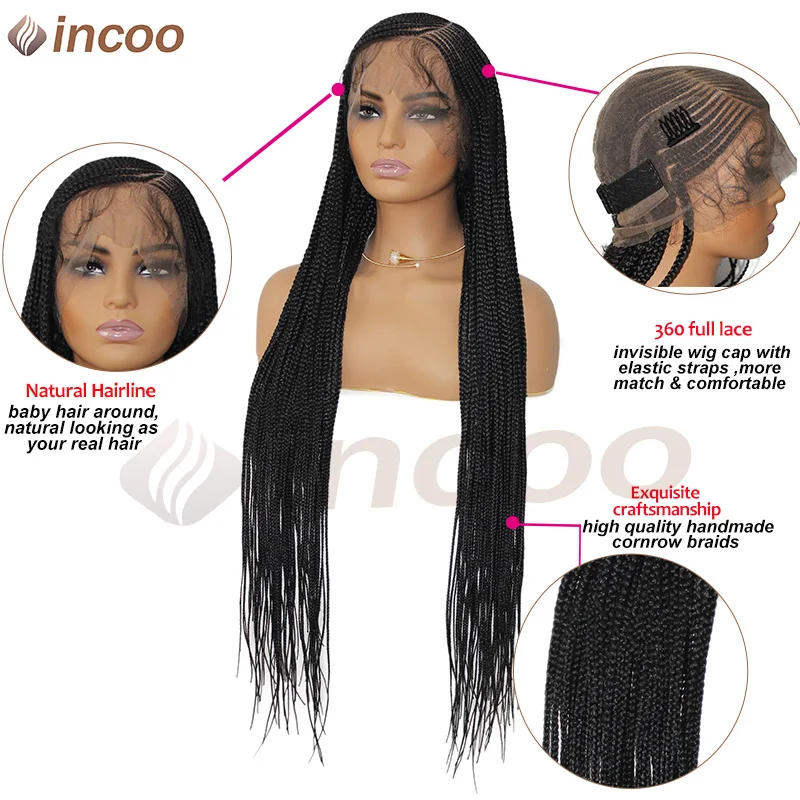 Parrucche intrecciate con parte laterale lunga Parrucche anteriori in pizzo sintetico pieno per donne nere 36 pollici Faux Locs Box Cornrows Intrecciare parrucca in pizzo