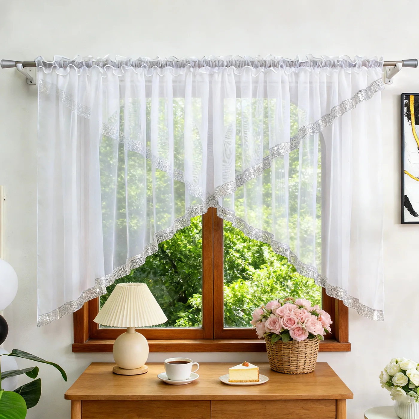 

1PC Translucent Tulle Curtain, Shiny Silver Rhinestones, 6cm Pleat Tape Design, Cozy Home Decor for Living Room Decoration